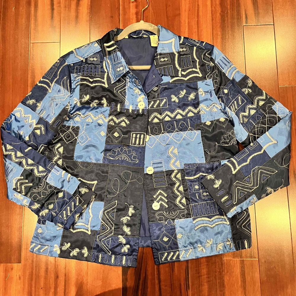 French Laundry Blue Jacket Satin Embroidered Button Up Shirt Size Medium